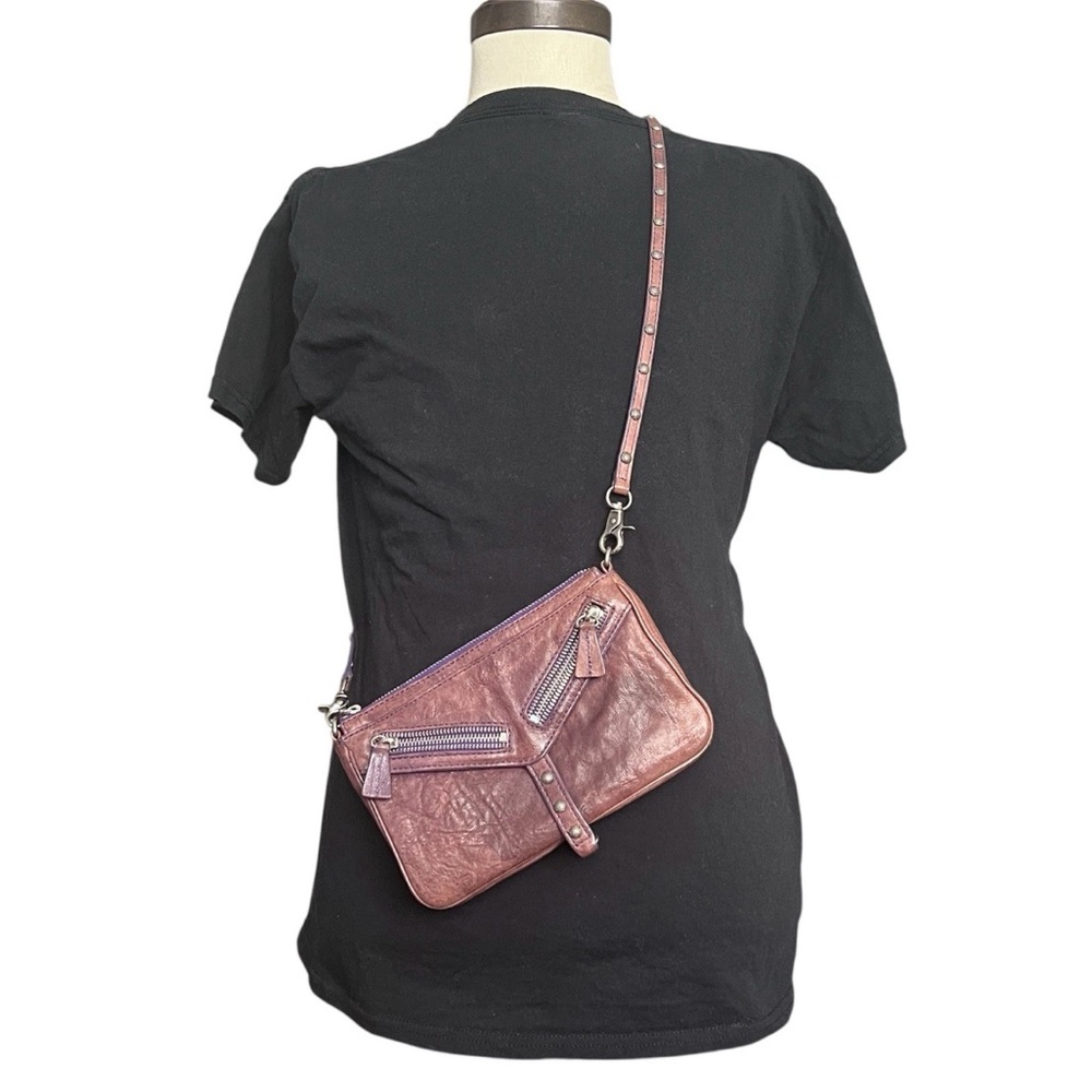 Botkier Distressed Leather Crossbody Handbag Purple Moto Casual Edgy Zippers